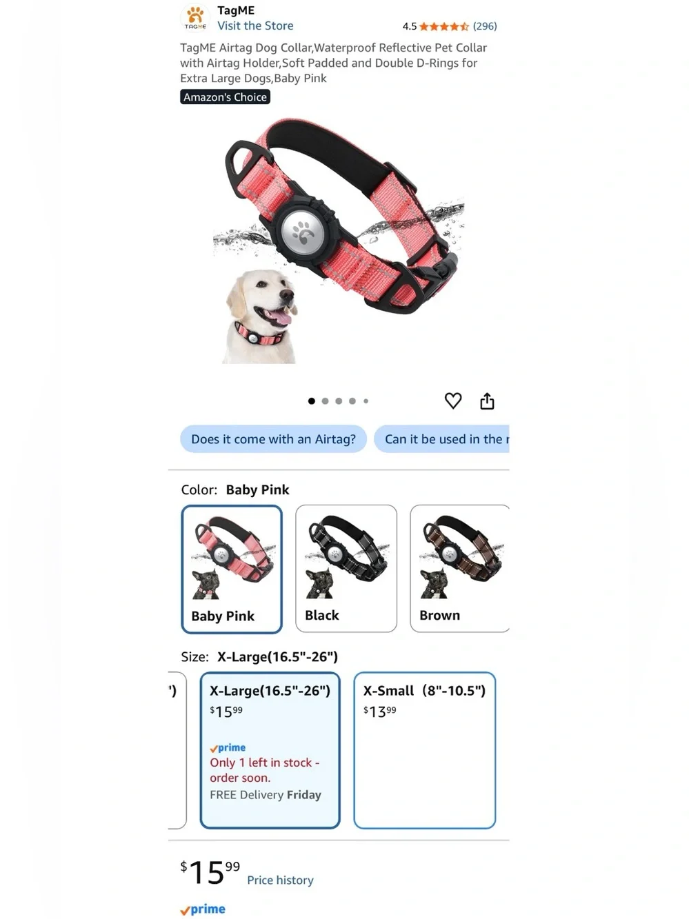 Reflective Hot Pink Dog Collar with AirTag holder